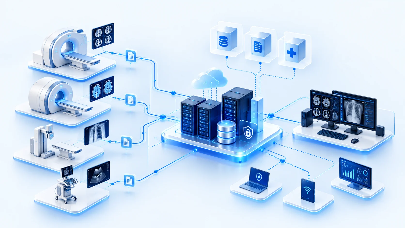 Medical imaging and PACS environment connecting imaging modalities, PACS infrastructure, storage and diagnostic workstations